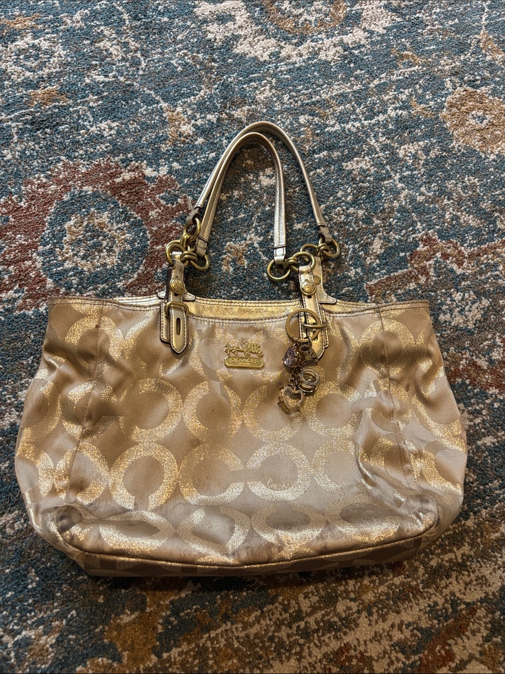 Coach Vintage Gold Metallic Signature Tote with Charm Accents
